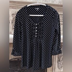 Kim Rogers Black & White Polka Dot Blouse Shirt 3/4 Sleeve Size Petite Medium